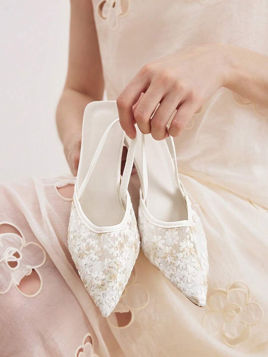 Eladyva Women's High Heel Pumps, White Bridal Shoes With Delicate Floral Decor, Pointed Toe Kitten Heel Slip-On Sandals
