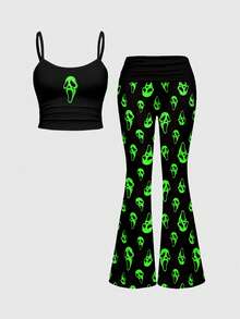 ROMWE Goth 小惡魔面具暗黑恐怖性感吊帶上衣喇叭褲多層腰帶抓皺辣妹女款長褲女裝兩件套 - 黑色 - 查看 1