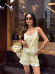 Serisse Women's 2 Pieces Solid Color Lace Trim Camisole And Shorts Set - Yellow - View 8