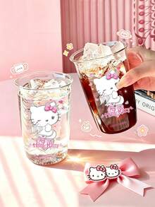 HELLO KITTY AND FRIENDS | SHEIN 1個 Hello Kitty 透明玻璃杯，可愛天使與粉紅愛心印花高硼矽玻璃杯，耐熱可愛飲水杯，適合咖啡、水、果汁，適用於居家、辦公室及女孩禮物 - 彩色 - 查看 3