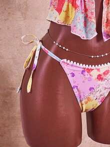 Swim Mod 女款夏季海灘度假甜美小碎花毛球蕾絲珍珠裝飾細肩帶綁背性感背心比基尼套裝 - 彩色 - 查看 4