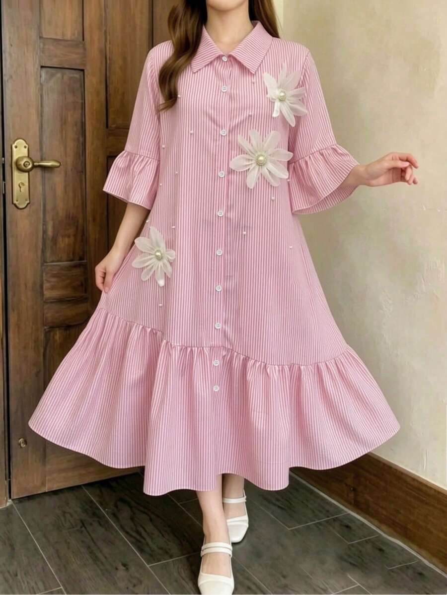SHEIN 少女粉色竖条纹衬衫裙,3D立体花卉装饰,喇叭袖荷叶边下摆宽松A字中长连衣裙,宽松显瘦版型,适合海滩、校园、日常休闲穿着,夏季中长连衣裙 - 粉色 - 查看 1