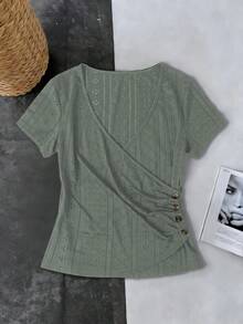 EMERY ROSE Women's Solid Color V-Neck Short Sleeve Pleated Button Design Casual T-Shirt - Olive Green - View 5