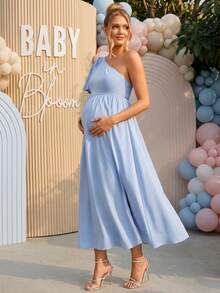 Loomaby Gaun Hamil Elegan Warna Polos dengan Lengan Ruffle Satu Bahu, Gaun Pengungkapan Jenis Kelamin Bayi, Gaun Hamil, Gaun untuk Acara Baby Shower - Biru - View 5
