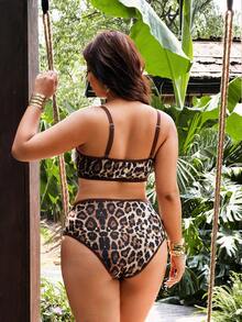 Swim Vcay 2026 Spring/Summer New Plus Size 2-Piece Leopard Print Bandeau Spaghetti Strap Asymmetric Digital Print Leopard Sequin Design Women's Bikini Set Set Sexy Suitable For Beach Vacation Wear - Multicolor - View 2