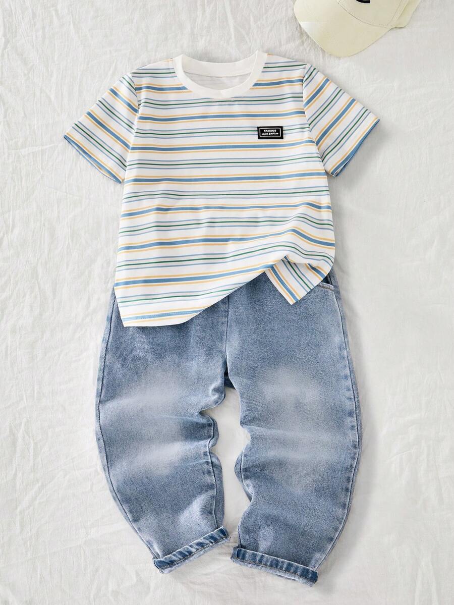 2pcs/Set Boys Casual Fashion Striped T-Shirt And Jeans Outfit, Suitable For Spring/Summer, Outings, Daily Wear - Black and White - View 1