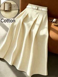 Franclia Rok Midi Lipit Panjang Sedang Bergaris Linen Kasual & Kantor untuk Wanita, Musim Panas / Musim Semi - MultiWarna - View 3