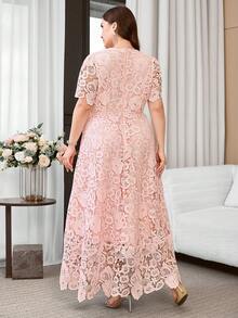Reflora Plus Size Elegant Solid Color Lace Party Dress - Pink - View 3
