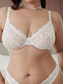 Slumbrini 1 Set Women Plus Size Solid Color Lace Underwire Comfortable Bra Set, Lift - White - View 6