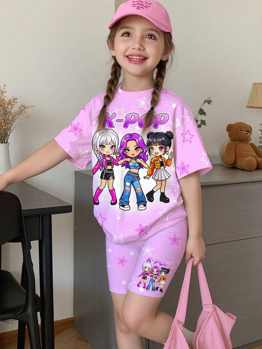 少女休閒簡約卡通女團印花 K-Pop 超級巨星短袖T恤與短褲兩件組,適合夏季 - 彩色 - 查看 1