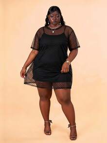 CurvyTilda Plus Size Sexy Sheer Vacation Dress, For Hourglass Body Shape Rave Black Summer Party - Black - View 3