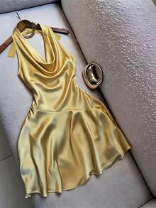 SHEIN Franclia 新款優雅性感掛脖女款短洋裝 - 黃色 - 查看 1