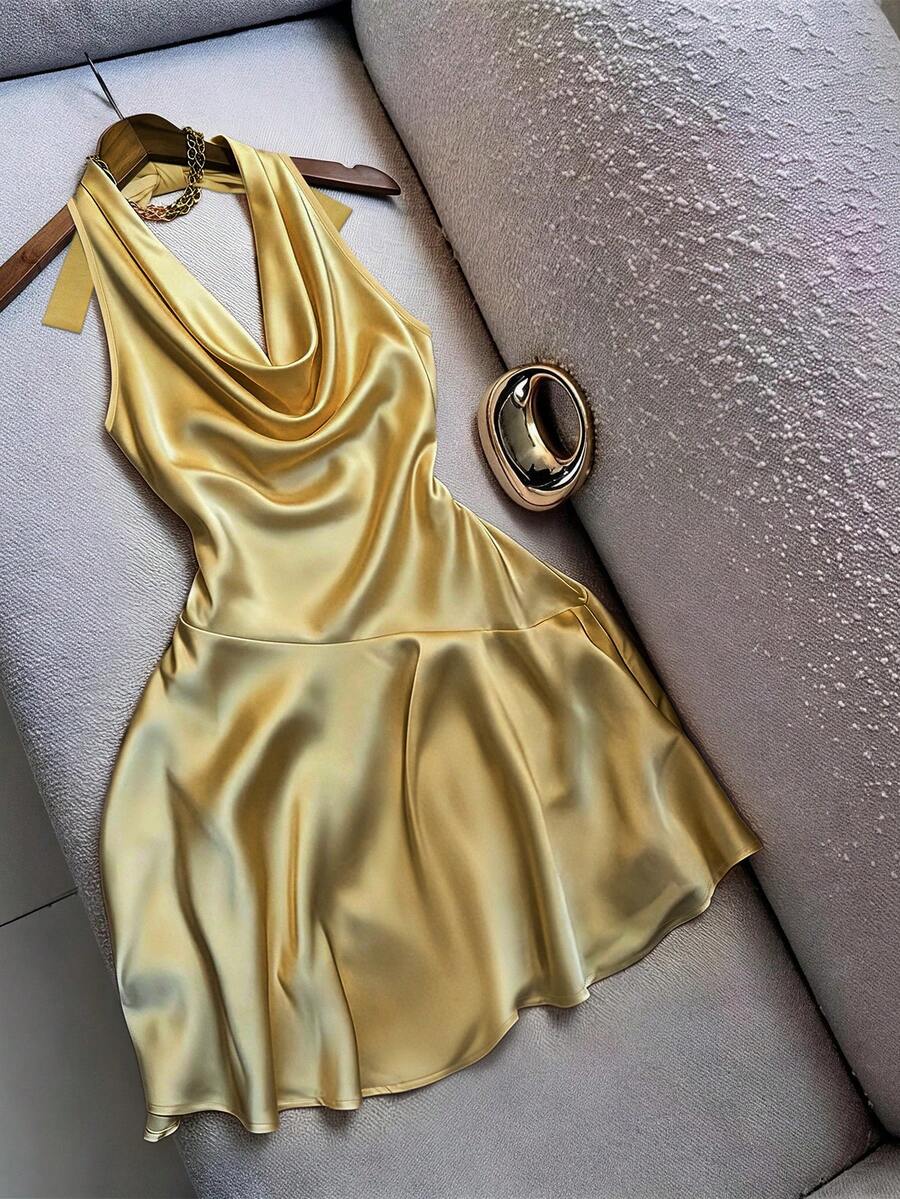 SHEIN Franclia 新款優雅性感掛脖女款短洋裝 - 黃色 - 查看 1