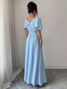Elenzga Women's Spring/Summer Baby Blue Distressed Pleated French Style Elegant Sophisticated Work Commute Casual Vacation Romantic Beach Party Ruffle Dress - Baby Blue - View 8