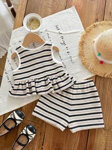 Baby Girl Knitted Striped Round Neck Tank Top And Shorts ,3 Sets, Get 1 Set Random - Black and White - View 2