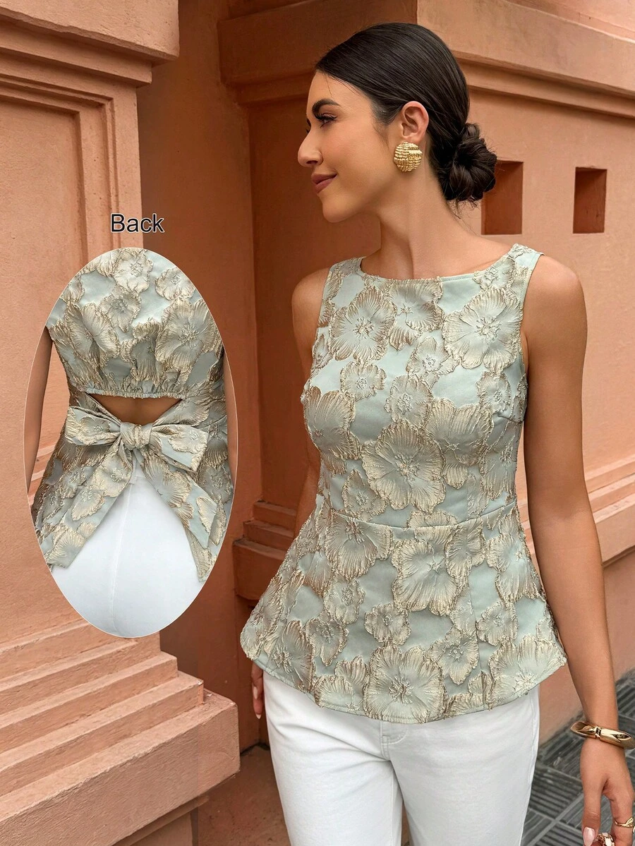Flora Isola Flora Isola 女款春夏優雅通勤精緻提花紋理收腰圓領微露背繫帶蝴蝶結無袖上衣 - 綠色 - 查看 1