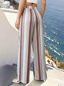 SHEIN Holidaya Women's Elegant Casual Striped Palazzo Pants - Multicolor - View 2