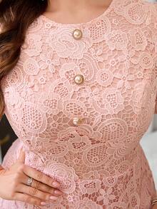Reflora Plus Size Elegant Solid Color Lace Party Dress - Pink - View 7