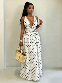 BamGleam Vestido de mujer a media pierna con lunares y cintura ceñida - Blanco y Negro - Ver 2