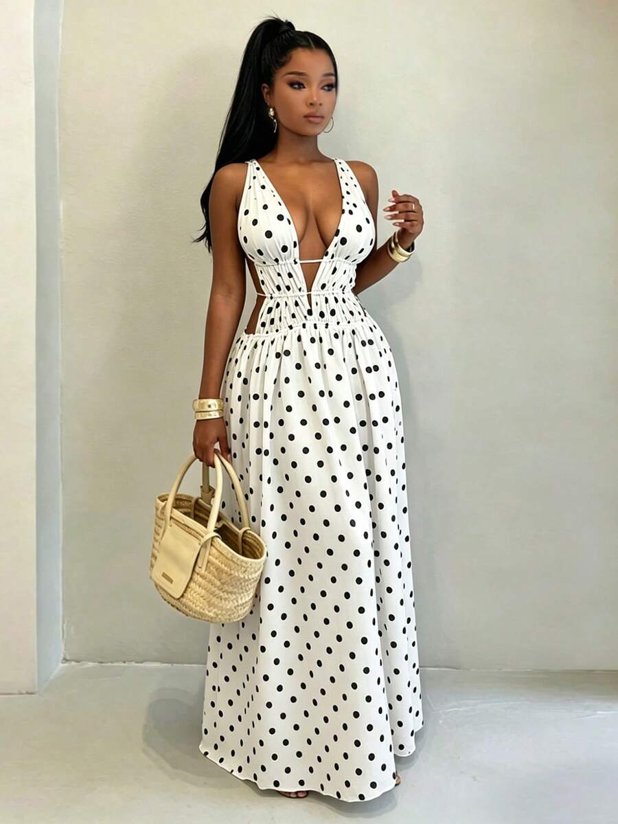 BamGleam Vestido de mujer a media pierna con lunares y cintura ceñida