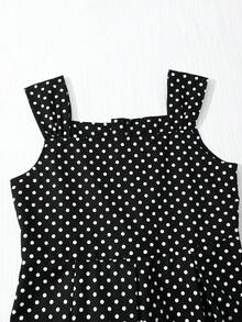 SHEIN 女童方领吊带A字中长连衣裙，黑白波点印花，隐形拉链，适合生日、婚礼、派对和其他特殊场合。 - 黑色 - 查看 5