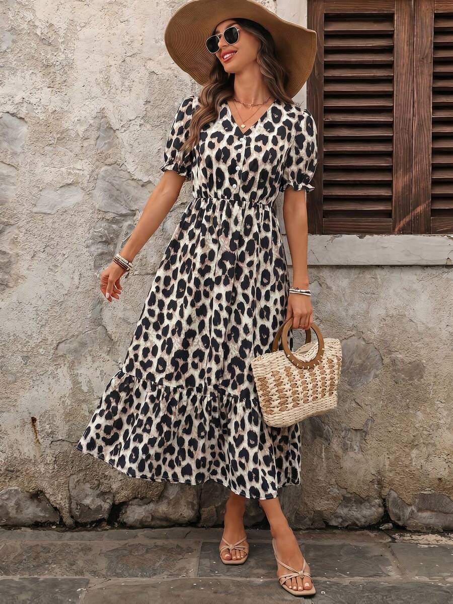 Faunlyn 女款休閒豹紋夏季洋裝