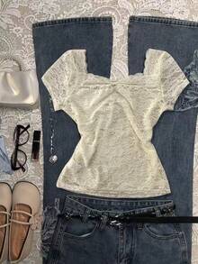 INAWLY Women's Elegant Solid Color Lace Blouse With Bow Decor, Summer - Apricot - View 2