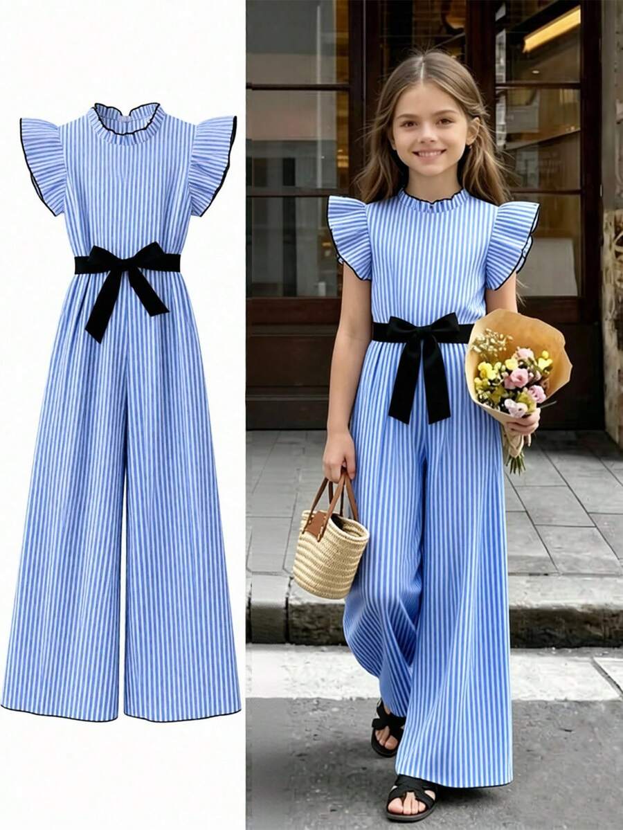 SHEIN Tween Girls Ruffle Collar Flutter Sleeve Detachable Belt Blue And White Striped Craft Jumpsuit Pleated Design Suitable For Daily Elegant Cute Casual - Blue - View 1