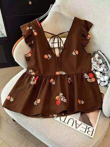 SHEIN LUNE CURVE Kemeja Chiffon Berkerudung Motif untuk Wanita Ukuran Plus, Gaya Liburan Kasual dengan Bukaan Depan, Pilihan Serbaguna untuk Musim Semi, Gugur, dan Musim Panas - Coffee Brown - View 2