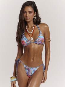 SHEIN BAE Women's Summer Beach Vacation Geometric Print Halter Tie Sexy Tropical Bikini Swimwear Set Blue And Orange - Multicolor - View 5