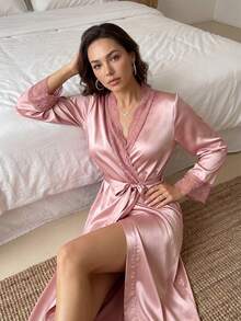 Rafferiza 优雅蕾丝拼接长款女士睡袍，奢华家居服，舒适优雅细节，秋冬必备 - 藕粉色 - 查看 1