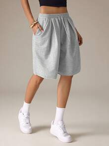 SHEIN Tall Damen Frühling/Sommer Streetwear Urlaub Alltag Homecoming Lässig Sport Basic Baggy Low Waist Bermuda Hose mit tiefem Schritt, für große Frauen - Grau - Übersicht 6