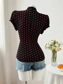 Sweetra Plus Size Fashion Versatile Minimalist Polka Dot Design Niche Elegant Sweet Short Sleeve Fitted Blouse - Black - View 2