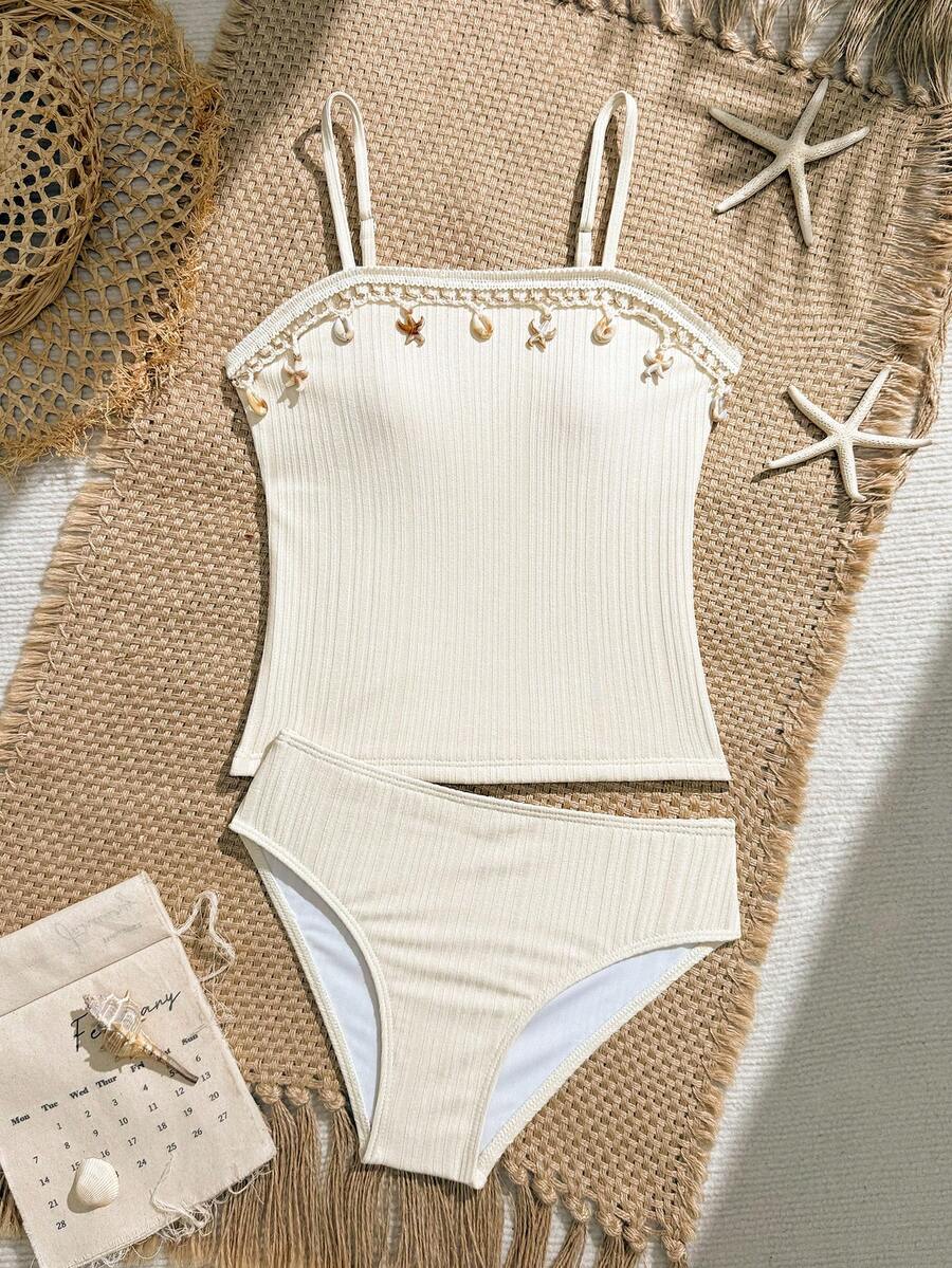 SHEIN 夏季大童女孩細肩帶比基尼套裝 紋理面料 適合海灘泳池 休閒度假 春夏款 - 彩色 - 查看 1