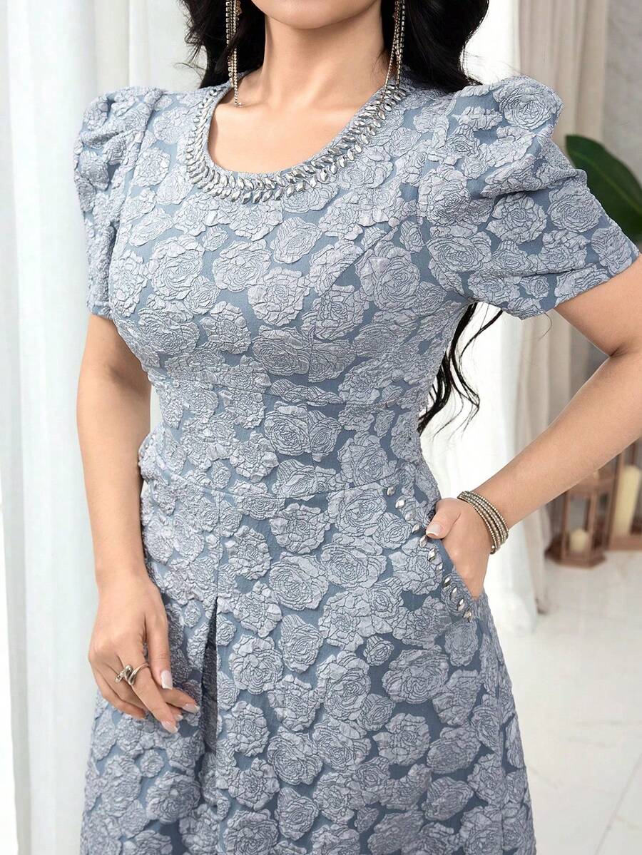 Feyla Plus Size Women's Jacquard Round Neck Short Petal Sleeve Elegant Dress Wedding Light Blue Summer - Blue - View 1