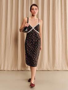 lacRébo Schwarzes Blumen-Polka-Dot-Spaghettiträger-Kleid in Knielänge mit weißem Spitzenbesatz und Bustier-Design - Schwarz - Übersicht 1