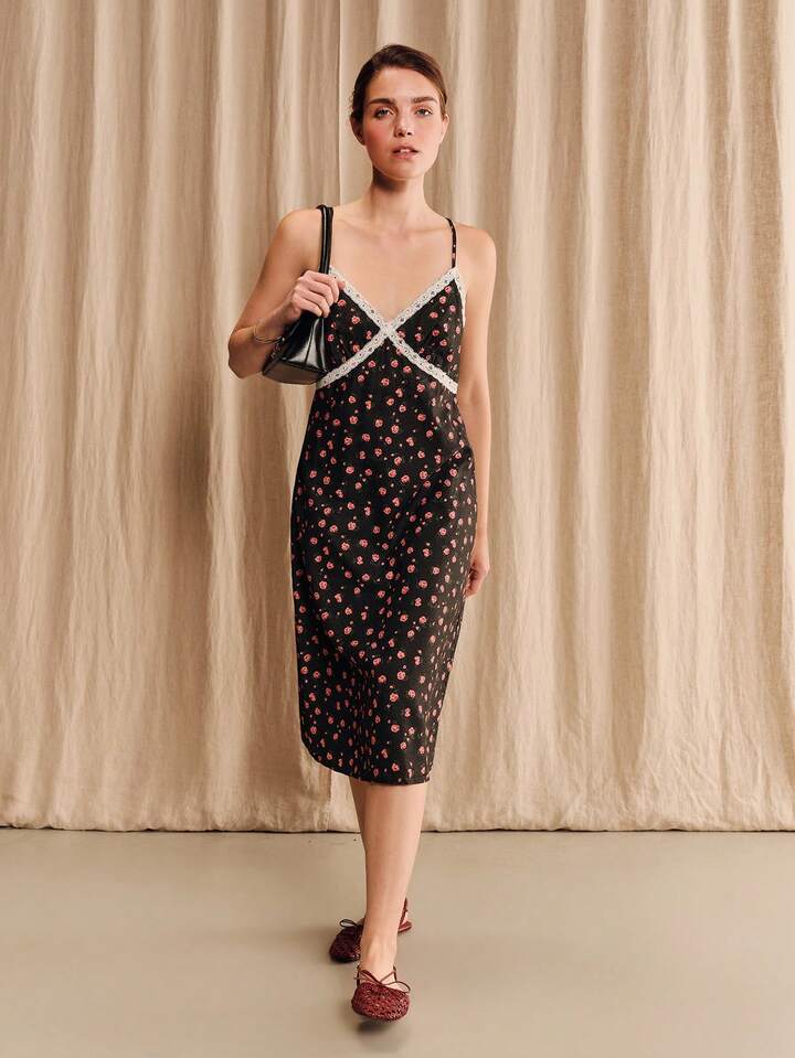 spaghetti strap knee length dress Black Floral Polka Dot Knee-Length With White Lace Trim Bust Design｜lacRébo 80s vintage