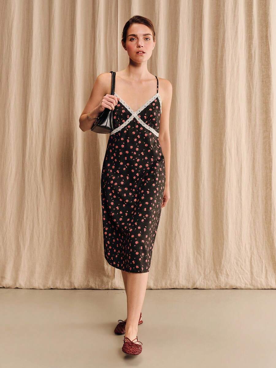 lacRébo Schwarzes Blumen-Polka-Dot-Spaghettiträger-Kleid in Knielänge mit weißem Spitzenbesatz und Bustier-Design - Schwarz - Übersicht 1