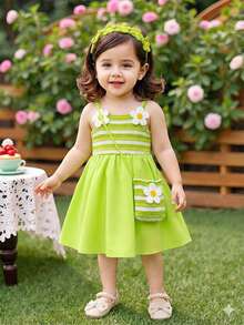 SHEIN Playful Pals 女嬰夏季橘色與白色甜美清新花卉裝飾細肩帶洋裝，附配套小斜背包，寬鬆裙襬設計，適合日常出遊、休閒旅行、家庭聚會及夏季野餐 - 綠色 - 查看 6