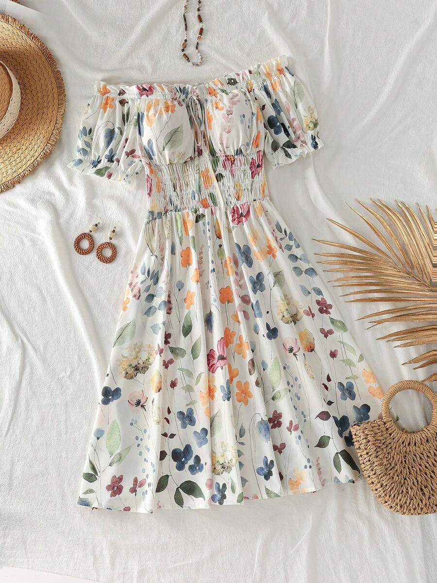 SHEIN VCAY Plus Size Vacation Off-Shoulder Dress With A Leopard Dress - Multicolor - View 1