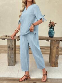 EMERY ROSE Women's 2pcs Light Blue Shirt + Ankle Pants Set - Blue - View 6