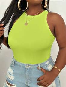 Slaydiva Plus Size Casual Basic Fitted White Crew Neck Off-Shoulder Tank Top-C - Olive Green - View 3