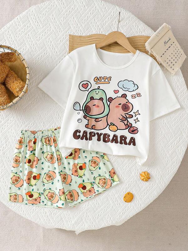 Tween Girl Fun Capybara Print Short Sleeve Top And Shorts Loungewear 2 Pieces Set