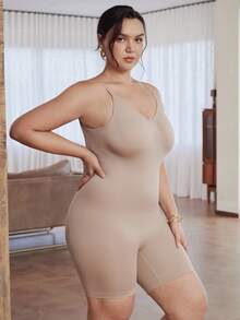 Slumbrini 1件加大码女士性感露背连体衣，微塑形塑身衣，夏季 - 卡其色 - 查看 5