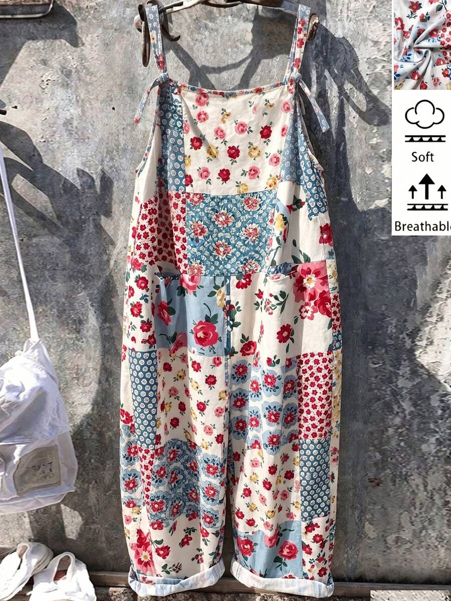 EMERY ROSE Plus Size Loose Retro Patchwork Print Bib Pants, Suitable For Holiday, Beach Wear In Summer, Vintage Casual Countryside Outfit For Women - Multicolor - View 1