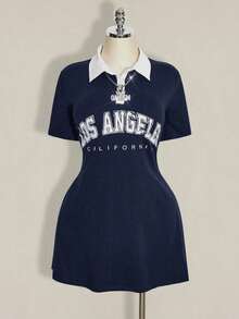 SHEIN ICON 女款大尺碼 POLO 領黑白對比迷你洋裝 - 藏蓝色 - 查看 5