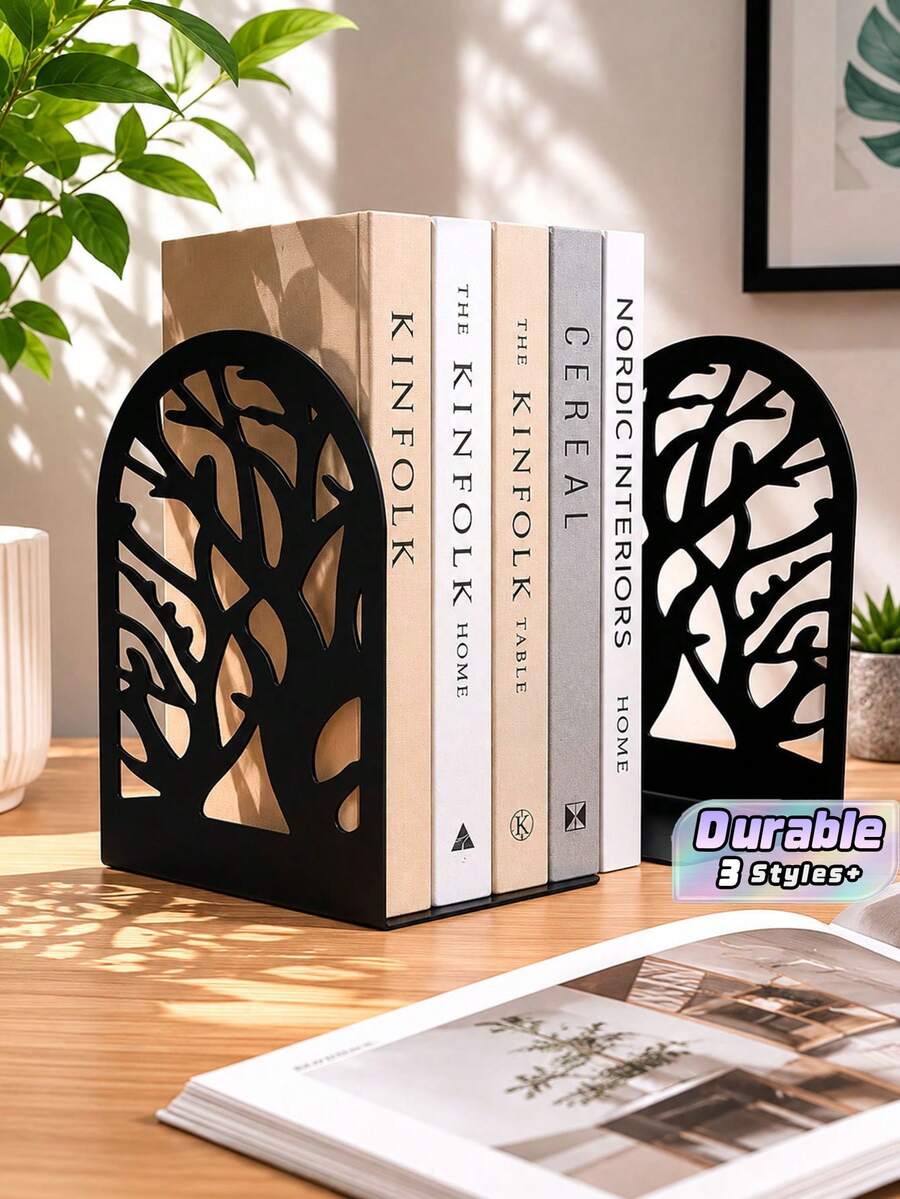 Hollow Metal Bookends With Natural Floral Patterns, Perfect For Organizing And Decorating Shelves And Bookcases. An Artistic Gift For Book Lovers, Avid Readers, And Office Staff. - One Size - View 1