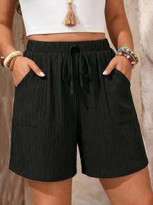 EMERY ROSE Short décontracté confortable pour femmes grande taille, couleur unie, avec ceinture à nouer et poches - Noir - Voir 4