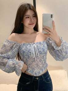 DAZY 夏秋藍色格紋婚禮宴會優雅蕾絲拼接抽繩綁帶露肩長袖女款襯衫 - 淺藍色 - 查看 4