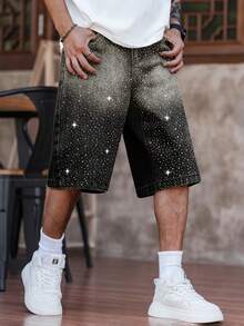 Manfinity EMRG Men's Plus Size Rhinestone Embellished Wide Leg Denim Shorts - Light Grey - View 3